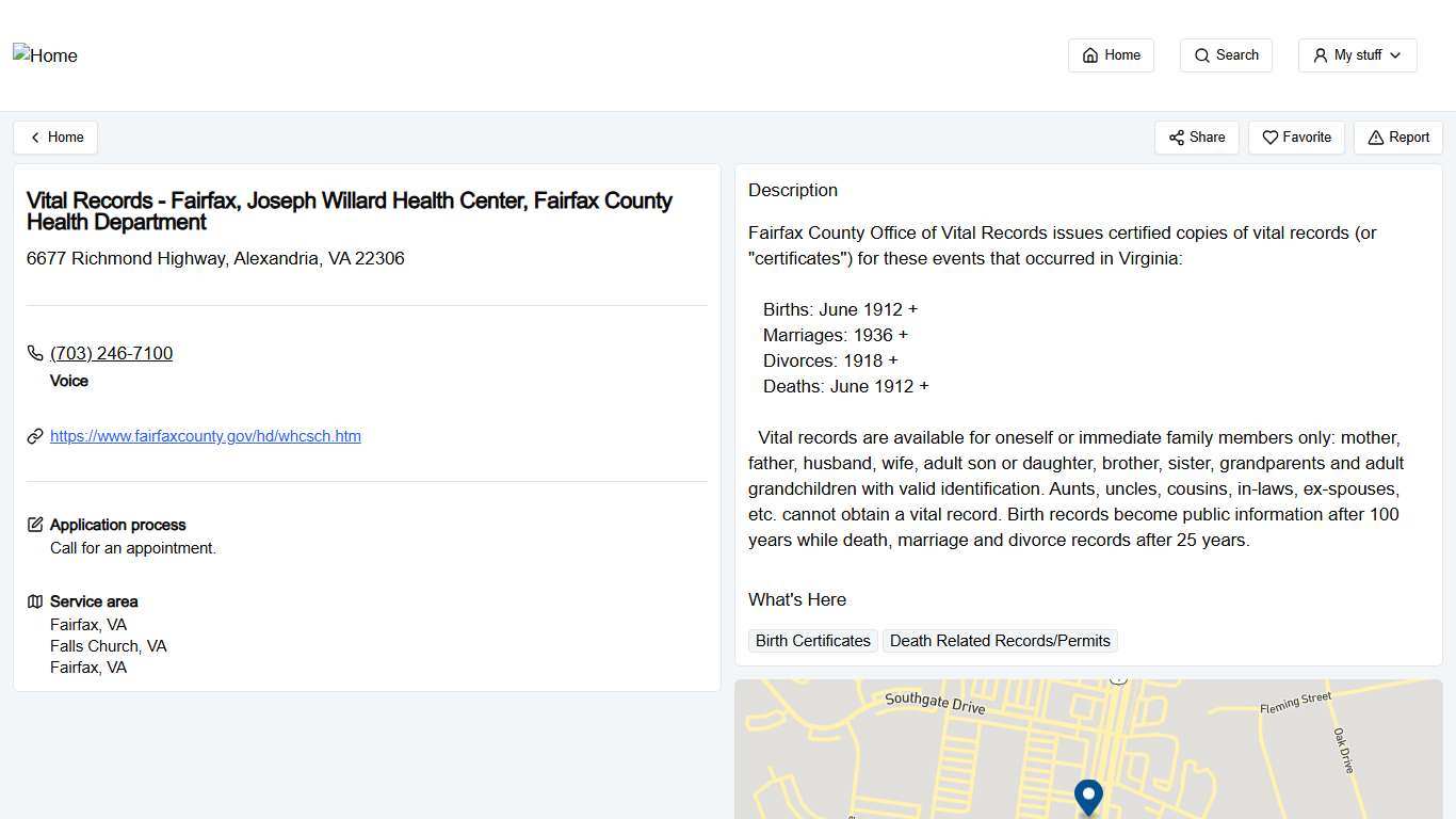 Vital Records - Fairfax, Joseph Willard Health Center, Fairfax County Health Department