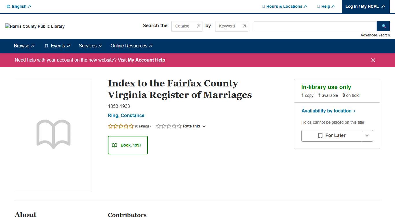 Index to the Fairfax County Virginia Register of Marriages Harris County Public Library BiblioCommons