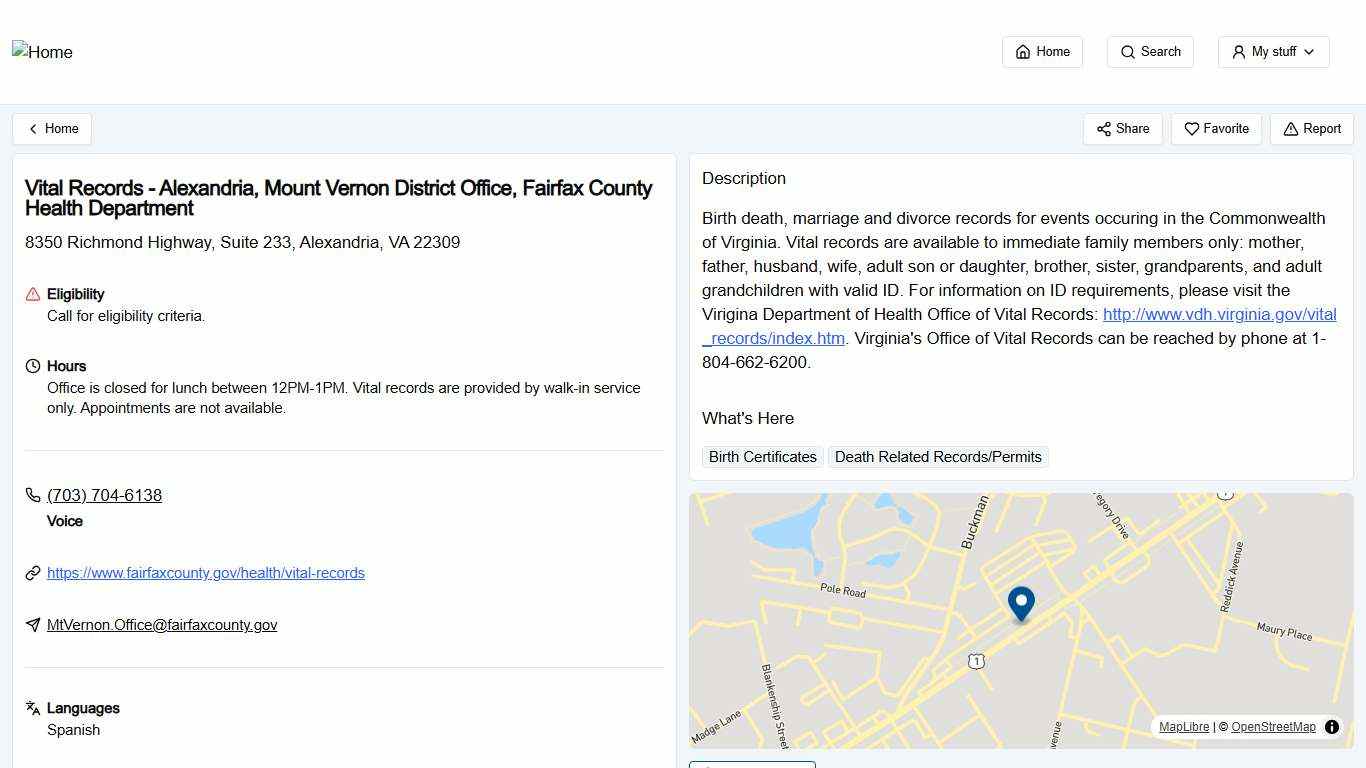 Vital Records - Alexandria, Mount Vernon District Office, Fairfax County Health Department
